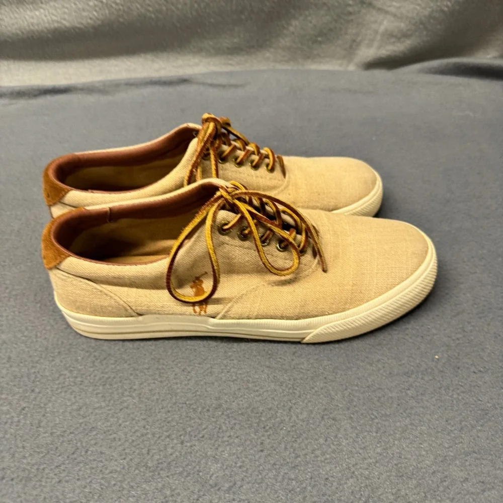 Polo Ralph Lauren Sneakers Mens 8.5 D Vaughn Flax Linen Suede Tan Brown Preppy